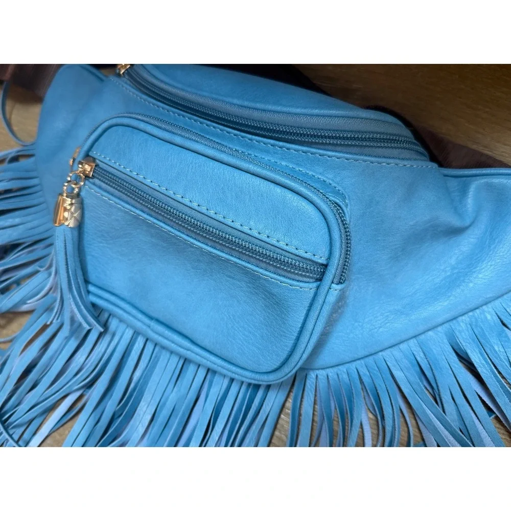 Fringe Tassel Fanny Pack Waist Bag Denim Blue Faux Leather Festival Boho Western - Picture 5 of 8